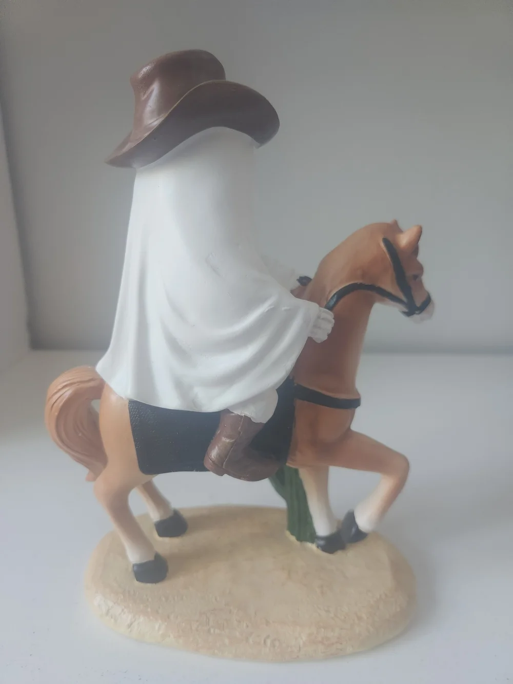 Ghost Cowboy Riding A Horse Figurine - White and Brown Western Decor Resin